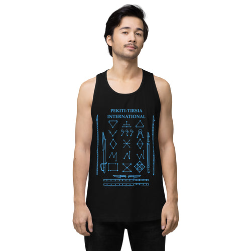 PTI Tank Top. Weapons and footwork patterns chart in blue ink