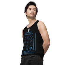 Load image into Gallery viewer, PTI Tank Top. Weapons and footwork patterns chart in blue ink