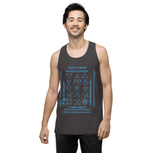 Load image into Gallery viewer, PTI Tank Top. Weapons and footwork patterns chart in blue ink