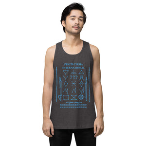 PTI Tank Top. Weapons and footwork patterns chart in blue ink