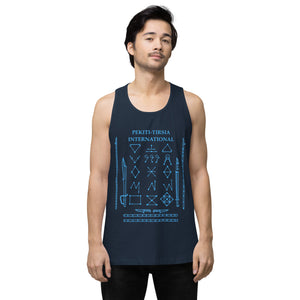 PTI Tank Top. Weapons and footwork patterns chart in blue ink