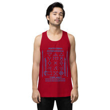 Load image into Gallery viewer, PTI Tank Top. Weapons and footwork patterns chart in blue ink