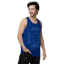 Load image into Gallery viewer, PTI Tank Top. Weapons and footwork patterns chart in blue ink