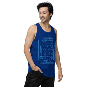 PTI Tank Top. Weapons and footwork patterns chart in blue ink