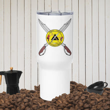 Load image into Gallery viewer, PTI 25oz Travel mug with handle, Swords Logo, Full color.