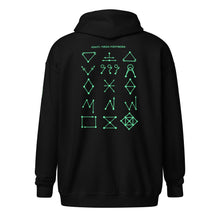 Load image into Gallery viewer, PTI &quot;The Works&quot; Fighters, Footwork &amp; Swords zip hoodie with green ink.