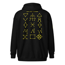 Load image into Gallery viewer, PTI &quot;The Works&quot; Logo, Footwork &amp; Swords zippered hoodie with yellow ink.