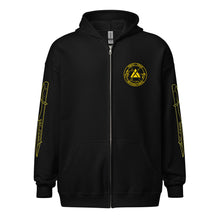 Load image into Gallery viewer, PTI &quot;The Works&quot; Logo, Footwork &amp; Swords zippered hoodie with yellow ink.