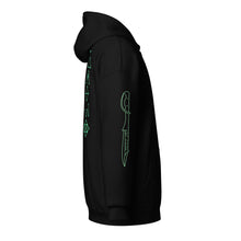 Load image into Gallery viewer, PTI &quot;The Works&quot; Fighters, Footwork &amp; Swords zip hoodie with green ink.