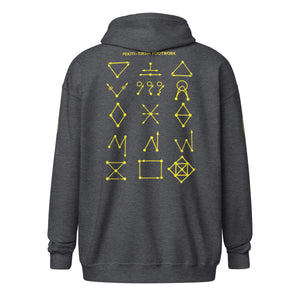 PTI "The Works" Logo, Footwork & Swords zippered hoodie with yellow ink.