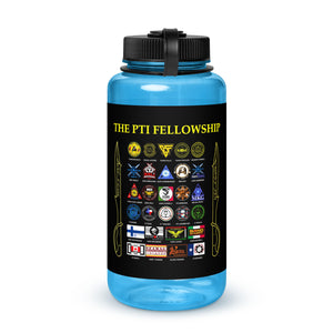 PTI FELLOWSHIP: Wide mouth plastic water bottle. In Red, Charcoal, Blue or Clear.