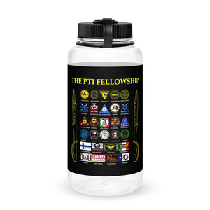 PTI FELLOWSHIP: Wide mouth plastic water bottle. In Red, Charcoal, Blue or Clear.