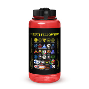 PTI FELLOWSHIP: Wide mouth plastic water bottle. In Red, Charcoal, Blue or Clear.