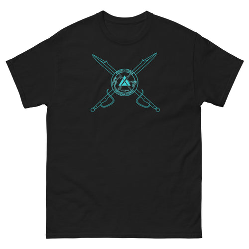 PTI T-Shirt. 4 Color Options Blue Ink. Swords & Logo front, Footwork Shield back