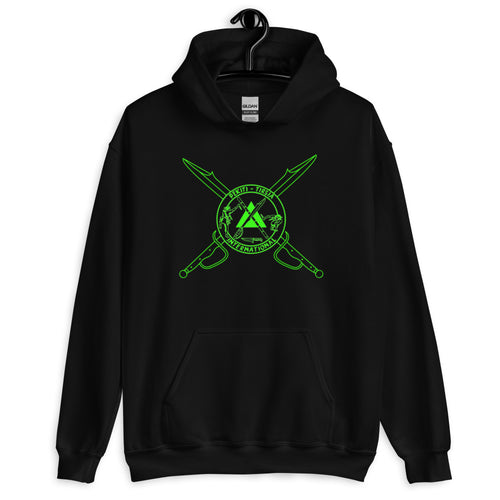 PTI Hoodie. Crossed Swords Logo front, Footwork & Logo Shield back. 4 Color Options Green Ink