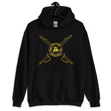 Load image into Gallery viewer, PTI Hoodie. 6 Color Options. Crossed Swords &amp; PTI Logo front, PTI Footwork Shield back. Yellow Ink.