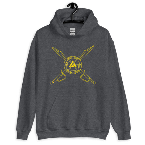 PTI Hoodie. 6 Color Options. Crossed Swords & PTI Logo front, PTI Footwork Shield back. Yellow Ink