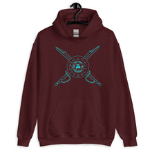 Load image into Gallery viewer, PTI Hoodie: 5 Color Options, Blue Ink with Crossed Swords &amp; Footwork Shield front, blank back