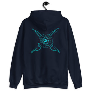 PTI Hoodie: 5 Color Options , Blue Ink with Logo front, Crossed Swords & Footwork Shield back