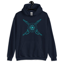 Load image into Gallery viewer, PTI Hoodie: 5 Color Options, Blue Ink with Crossed Swords &amp; Footwork Shield front, blank back.