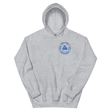 Load image into Gallery viewer, GREY PTI HOODIE :Small PTI logo on front, Footwork on back, blue ink (customizable)