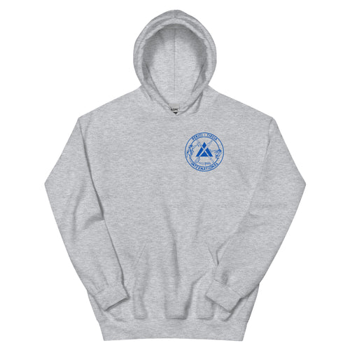 PTI GREY HOODIE :Small PTI logo on front, Footwork on back, blue ink (customizable)